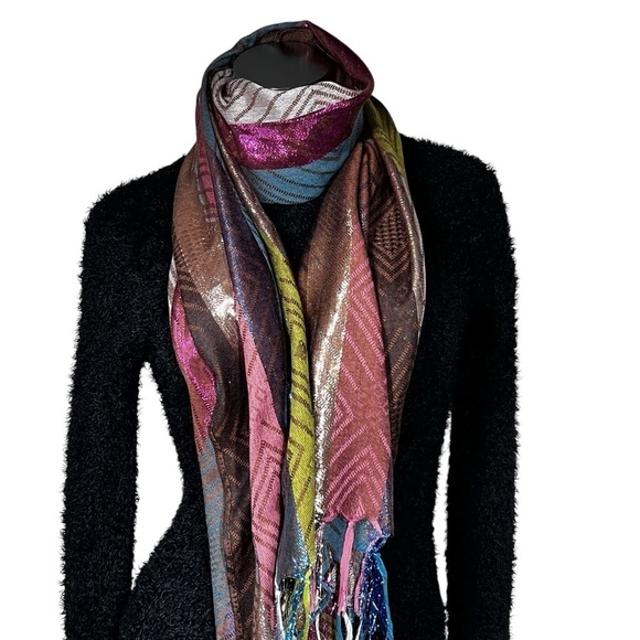 Multi-colored Metallic Scarf Shawl Wrap With Fringe - Picture 3 of 16